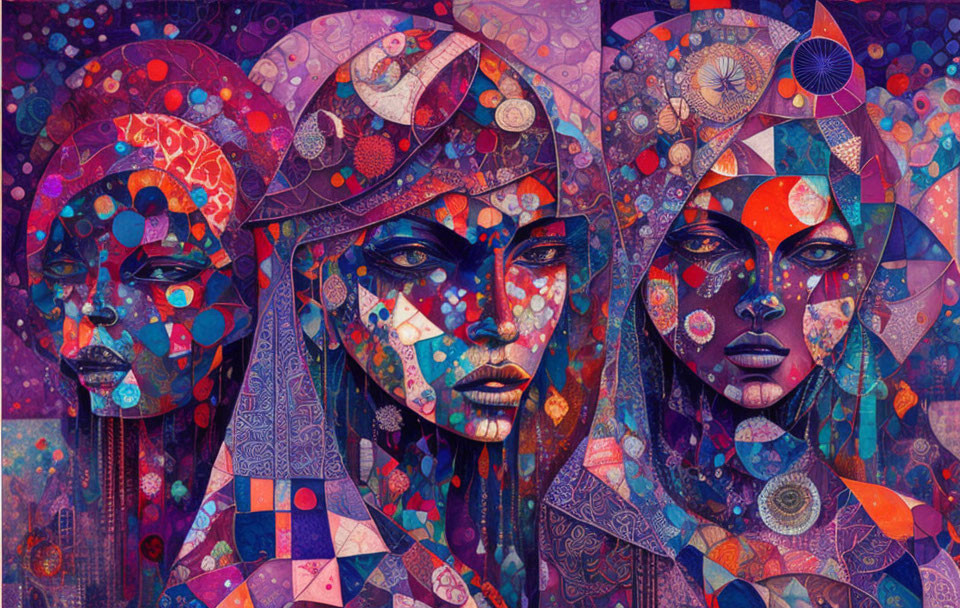Colorful Mosaic Style Artwork of Three Faces in Purple Shades