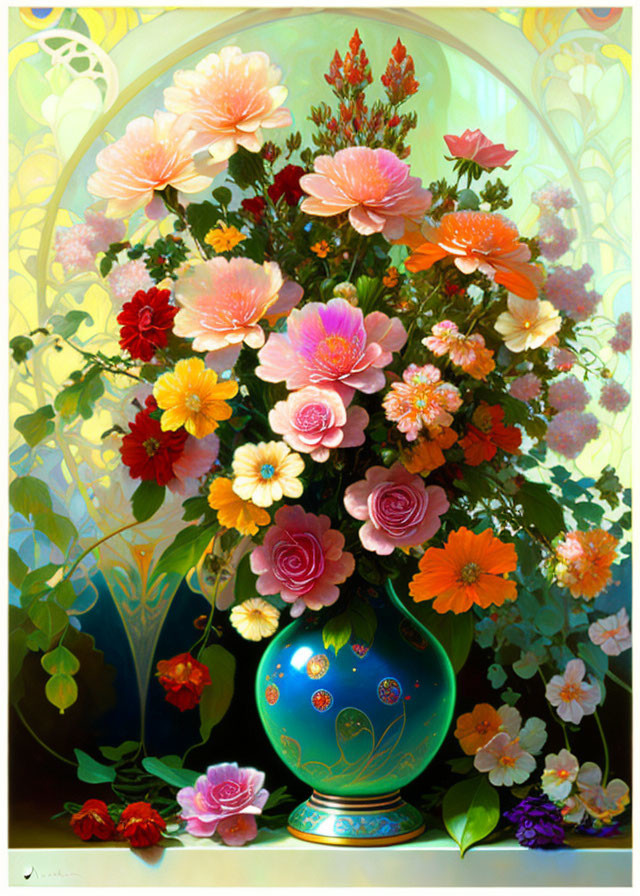 Assorted Flowers in Blue Vase on Whimsical Stained Glass Background