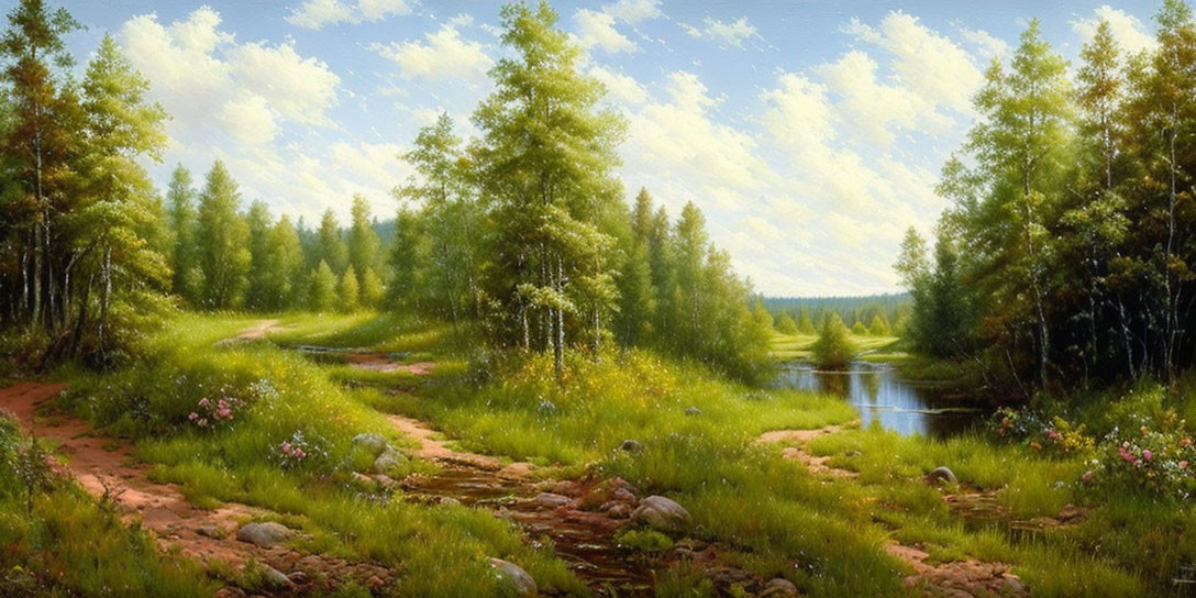 Tranquil forest scene with winding path, river, wildflowers