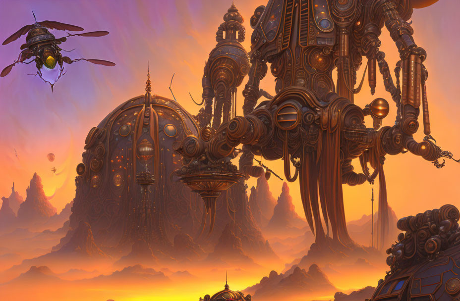 Steampunk sunset landscape with mechanical structures and flying vehicles
