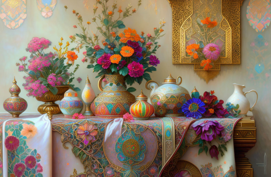 Vibrant floral arrangements, ornate teapots, and patterned fabrics in still life image