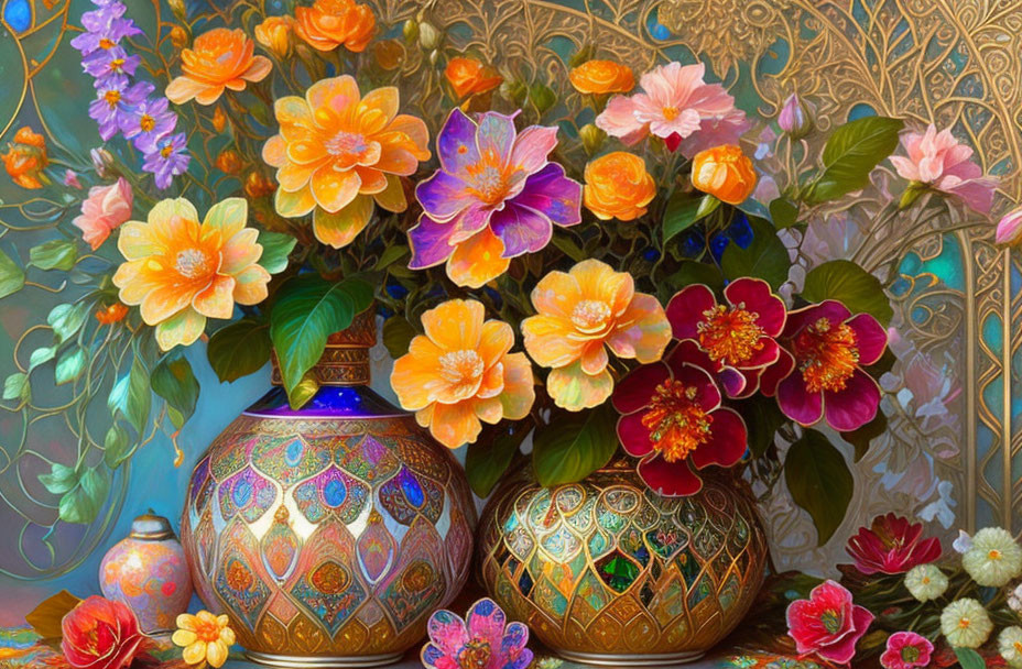 Colorful flowers in ornate vases on blue and gold backdrop