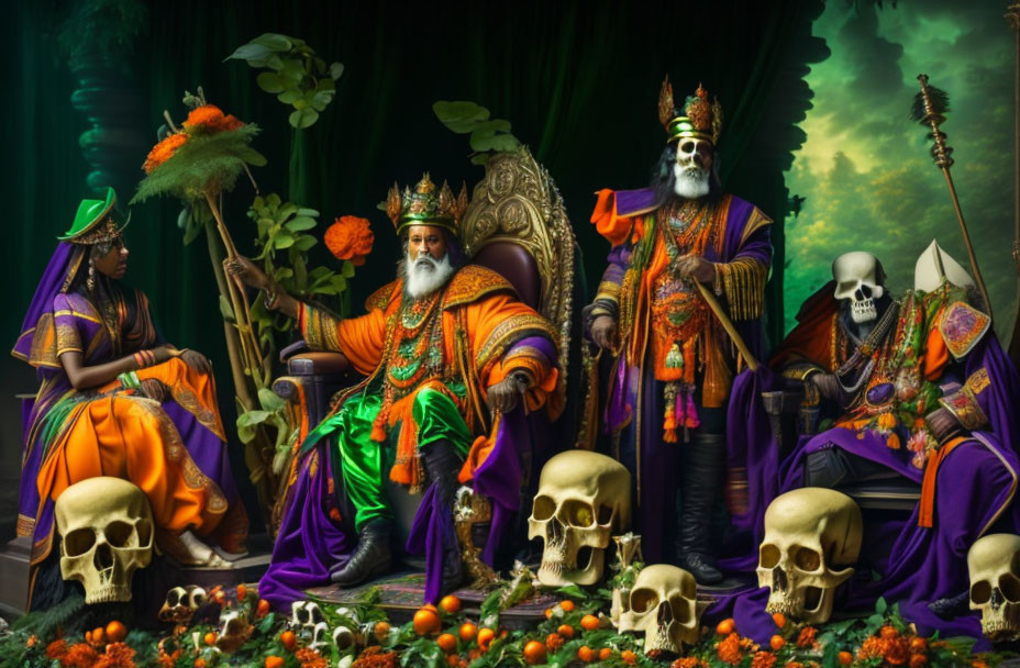 Fantasy scene with three characters in ornate costumes, skulls, foliage, and citrus fruits