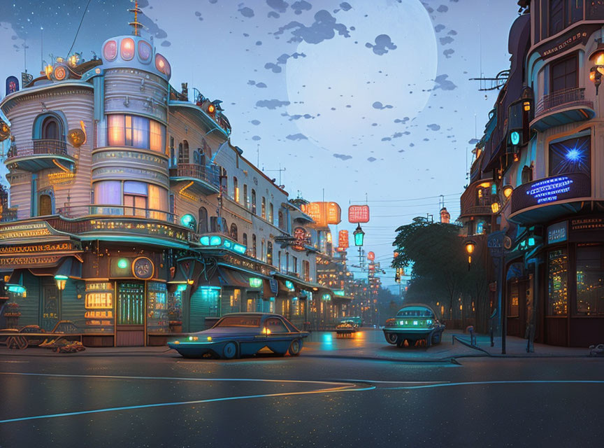 Twilight cityscape featuring retro-futuristic cars, neon signs, and Asian architecture with 80