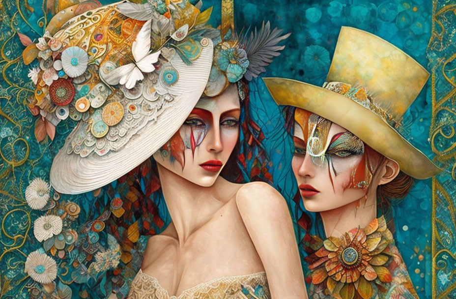 Stylized female figures with ornate hats and vibrant floral background