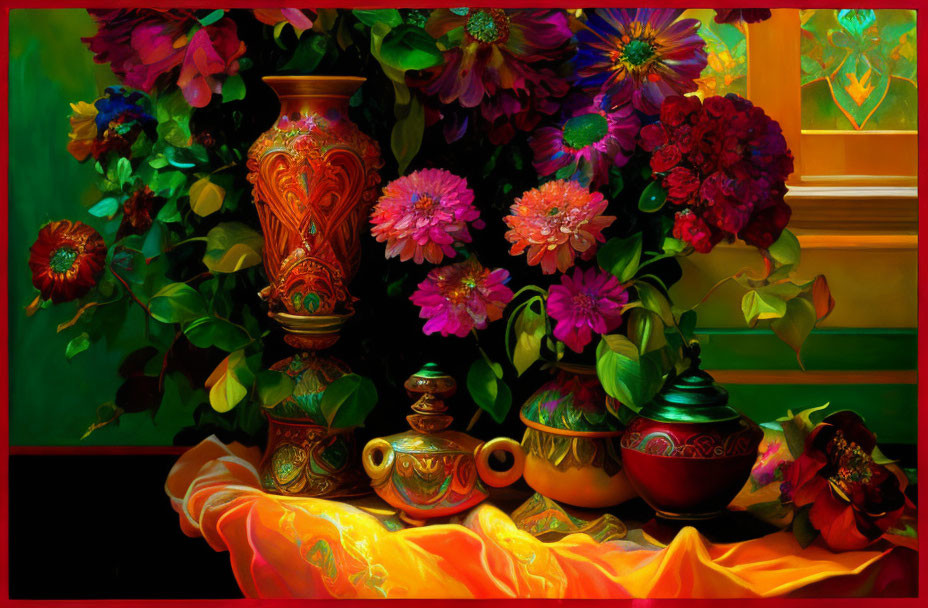 Colorful Still Life with Ornate Vases and Flowers in Dramatic Lighting