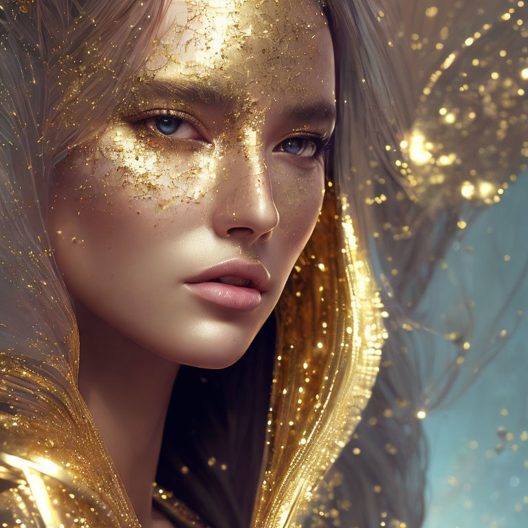 Close-up of woman with golden glitter makeup and gold leaf accents, surrounded by shimmering lights
