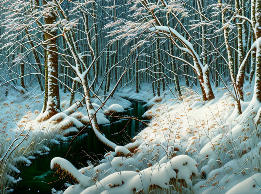 Snow-covered forest with bent trees, small creek, and sunlit snow in serene winter scene
