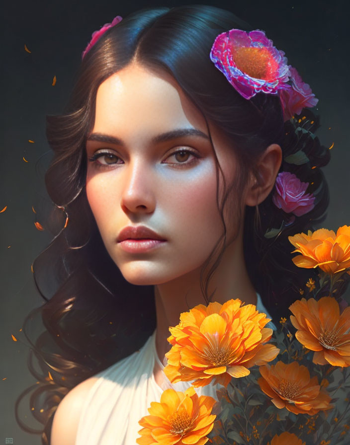 Digital portrait of woman with dark hair and orange flowers, showcasing serene expression