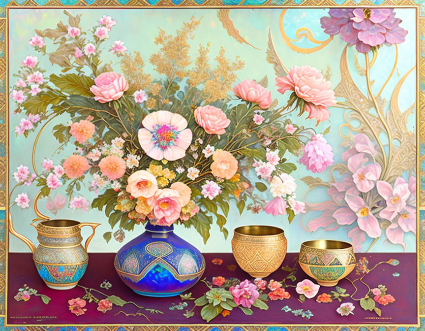 Colorful Still-Life Painting with Flowers, Vase, and Bowls
