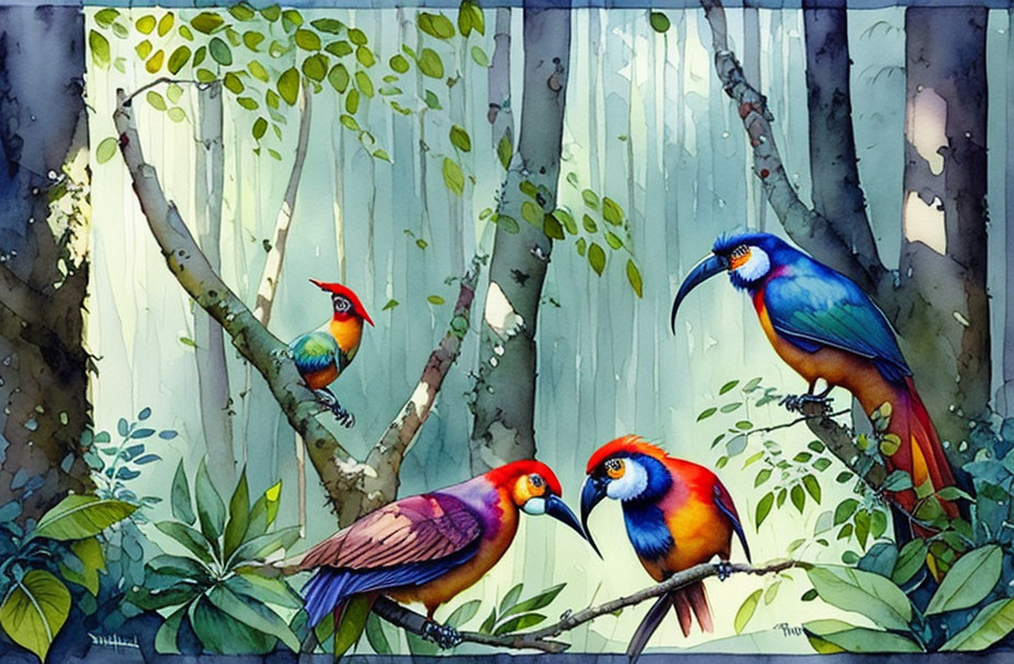 exotic birds in the forest