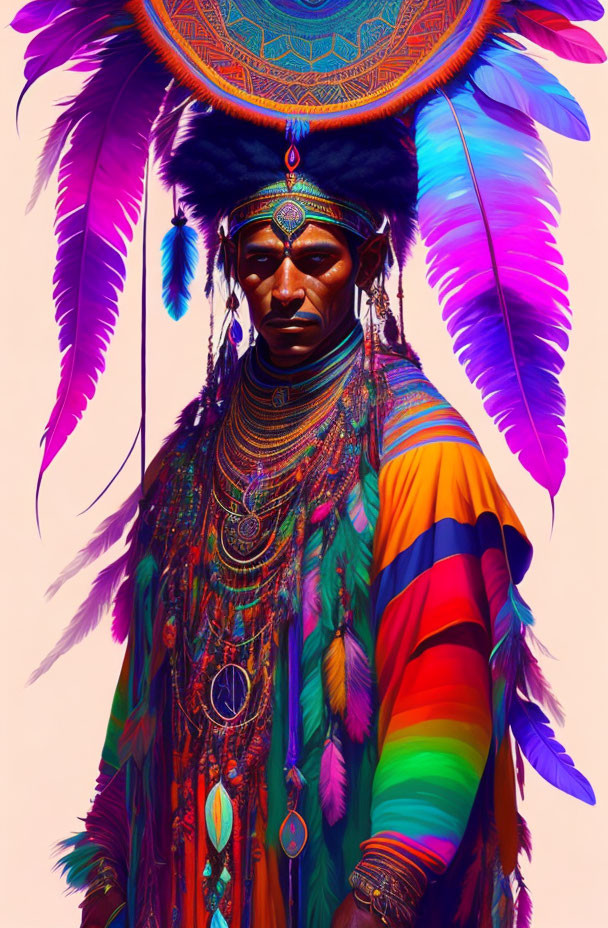 Colorful Digital Art: Native American-Inspired Regalia with Feathered Headdress