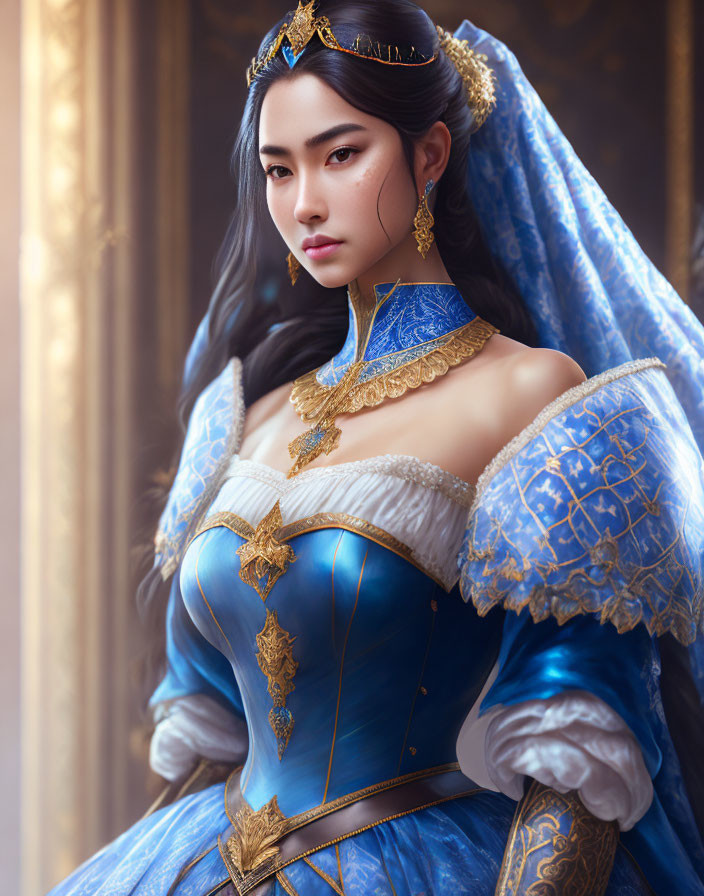 Renaissance-style woman in regal blue and gold dress with puffy sleeves