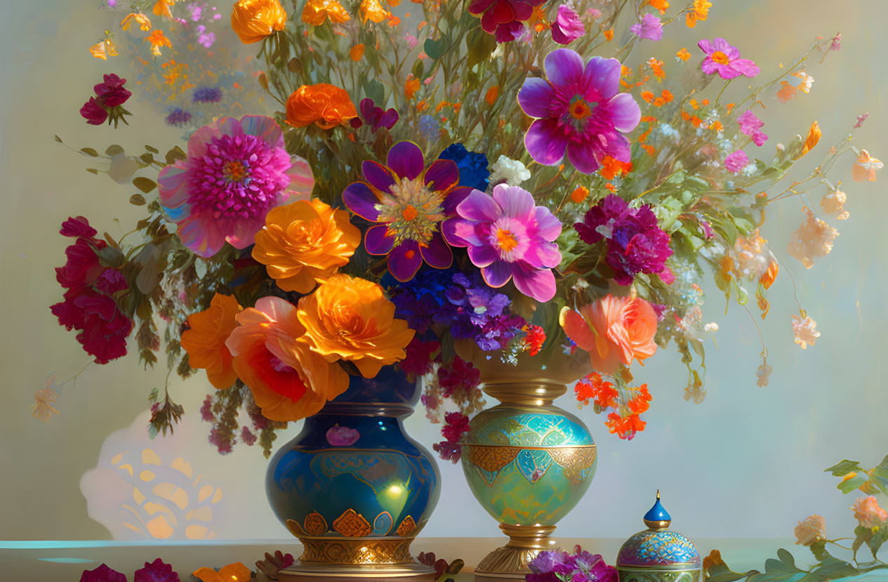 Assorted flowers bouquet in decorative vase on soft-lit backdrop