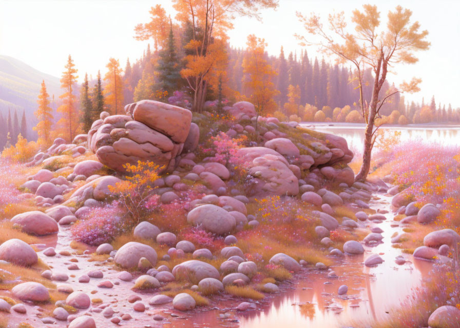 Tranquil River and Pink Flora in Autumn Landscape