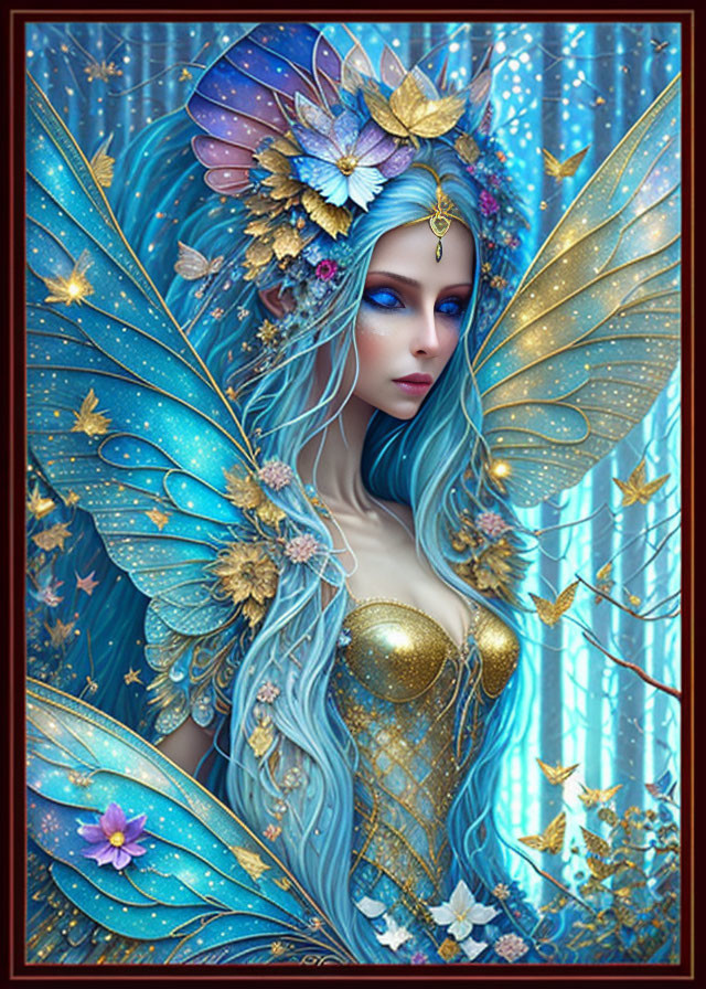 Fantasy fairy digital art with blue hair and butterfly wings