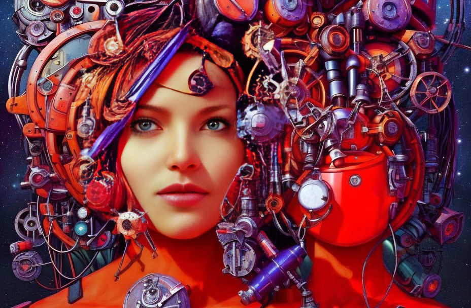 Surreal portrait of woman's face with mechanical elements on starry backdrop