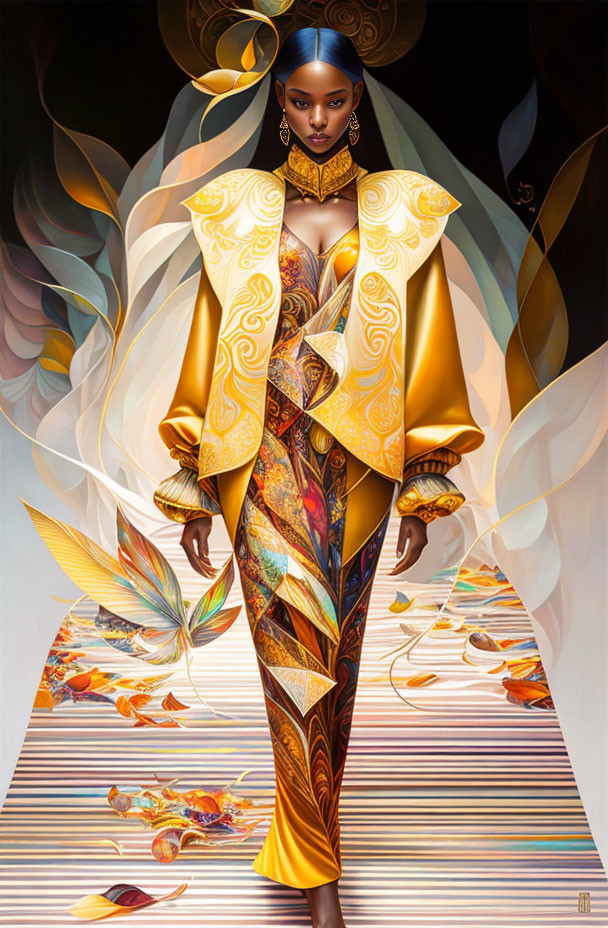 Vibrant woman illustration in yellow-gold jacket and patterned dress