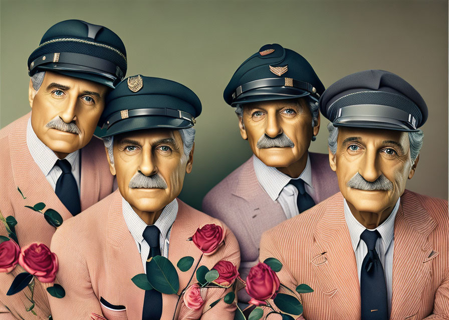 Illustrated male figures with mustaches and pilot caps holding roses on beige background