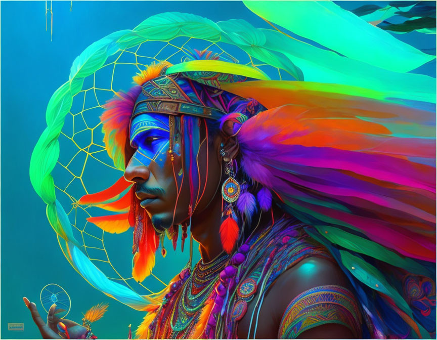 Colorful digital artwork featuring person in indigenous-style headdress, jewelry, and dreamcatcher on teal
