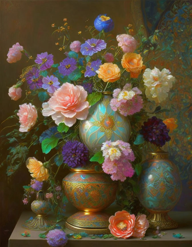 Ornate vase and bowl with colorful flowers on dark background
