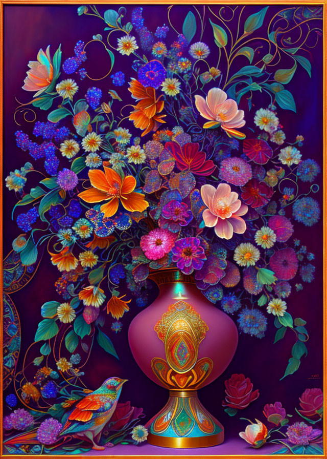 Colorful floral arrangement with bird in decorative vase on purple background