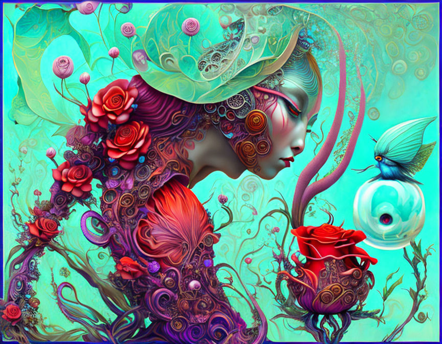 Colorful surreal artwork: woman merging with florals and whimsical atmosphere