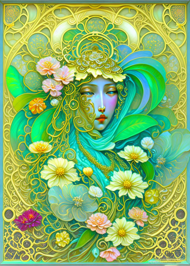 Stylized woman's face with golden patterns and vibrant flowers