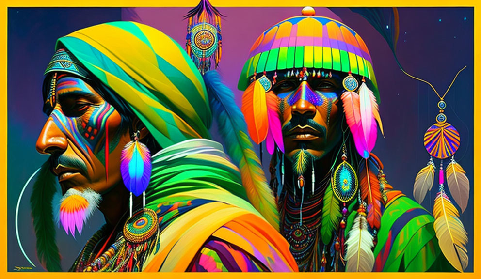 Vibrant Native American-inspired attire and face paint portrayal.