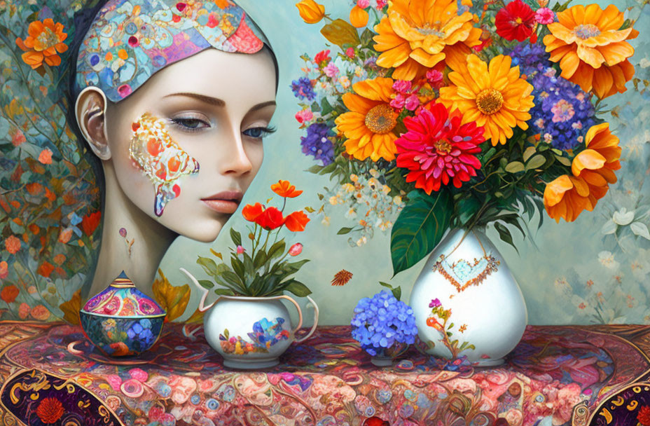 Vibrant floral patterns on woman's face with colorful flowers in vases