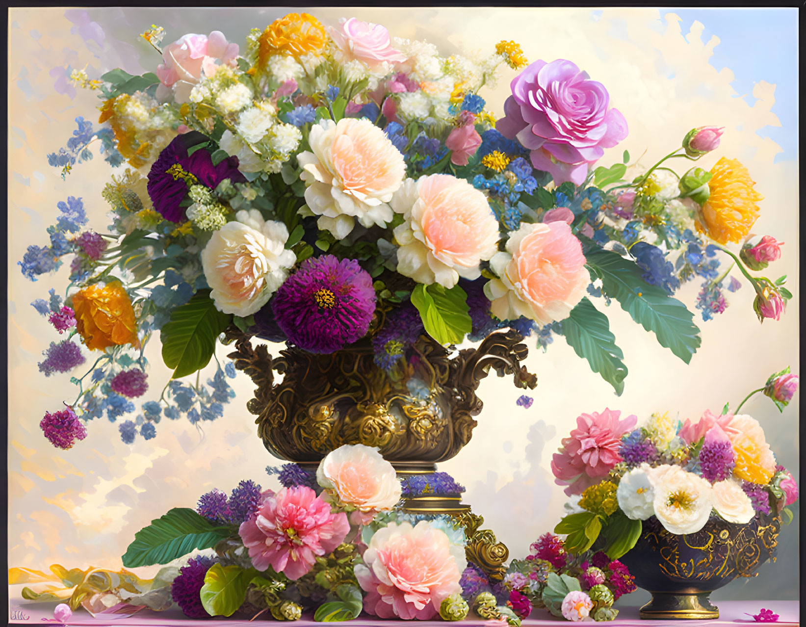 Assorted flowers in classical vase on soft background