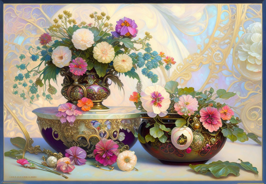 Ornate still life painting with lush flowers in vase and bowl
