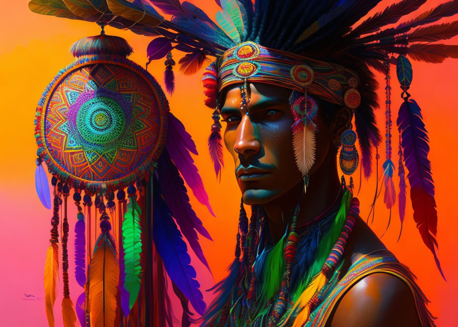 Vibrant artwork of person in Native American headdress & dreamcatcher.
