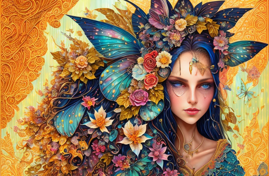 Detailed digital artwork: Woman with butterfly wings and floral hair, set on golden background