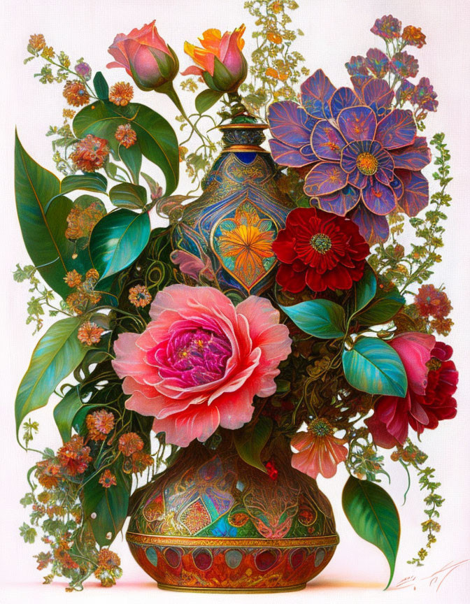 Colorful Blooming Flowers in Intricate Vase Painting