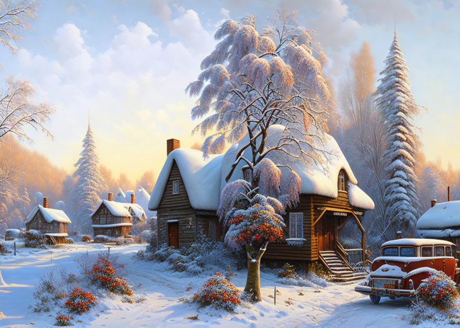 Snowy winter scene with wooden cottage, snow-covered trees, red berries, vintage red car.
