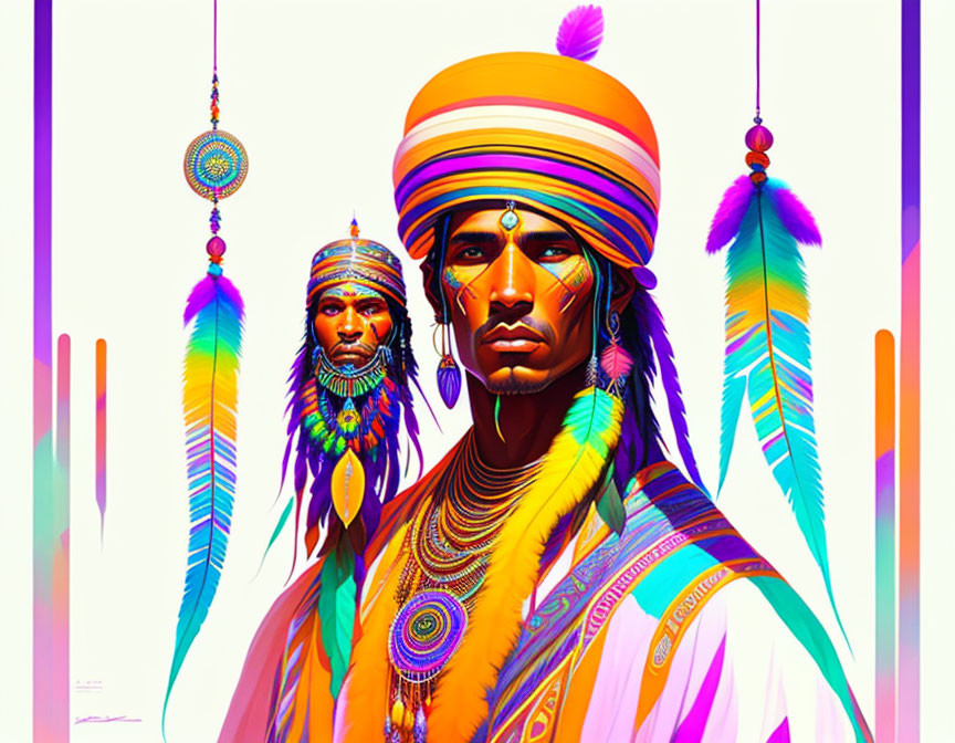 Stylized Native American figures in traditional regalia with dreamcatchers.
