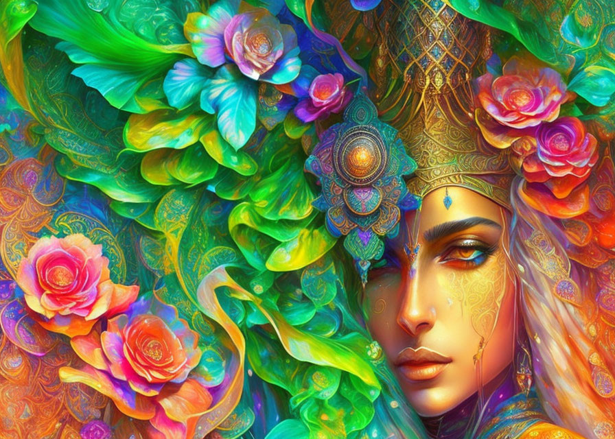 Colorful artwork showcasing woman's face with intricate headgear and lush flora