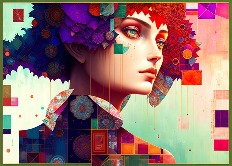 Colorful Geometric and Floral Digital Portrait of a Woman