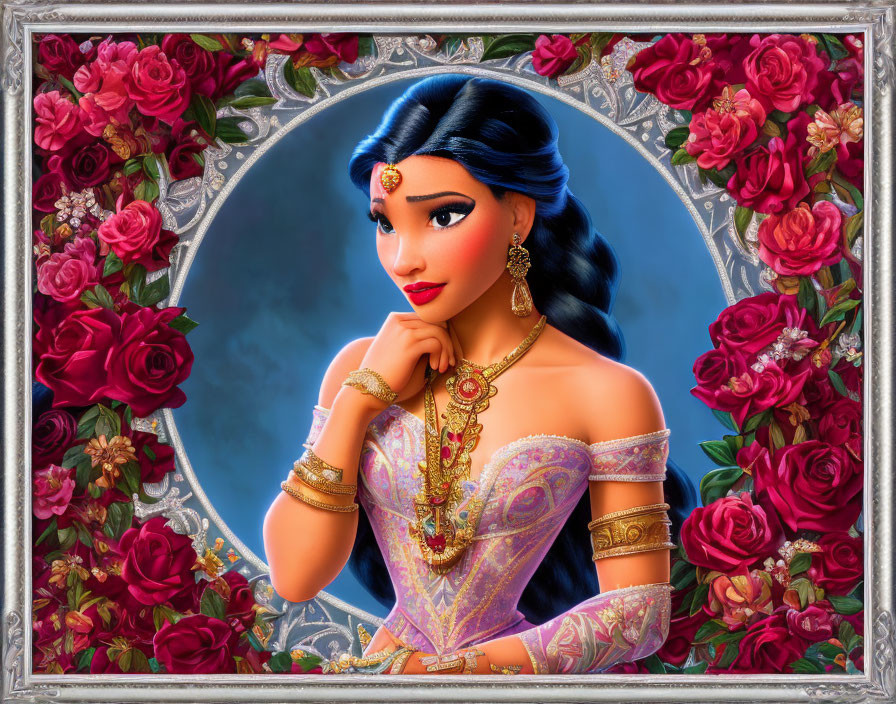 Dark-Haired Princess Surrounded by Red Roses on Blue Background