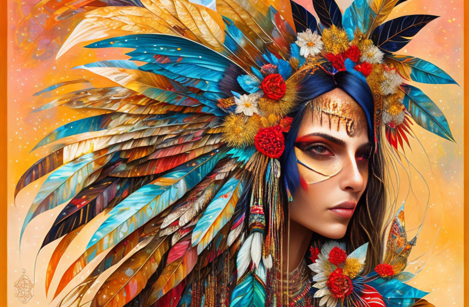 Colorful portrait of person with feather headdress and floral decorations