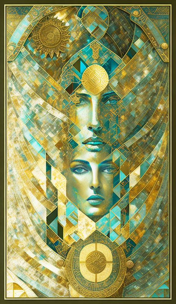 Symmetrical Abstract Art: Mirrored Faces in Gold and Teal