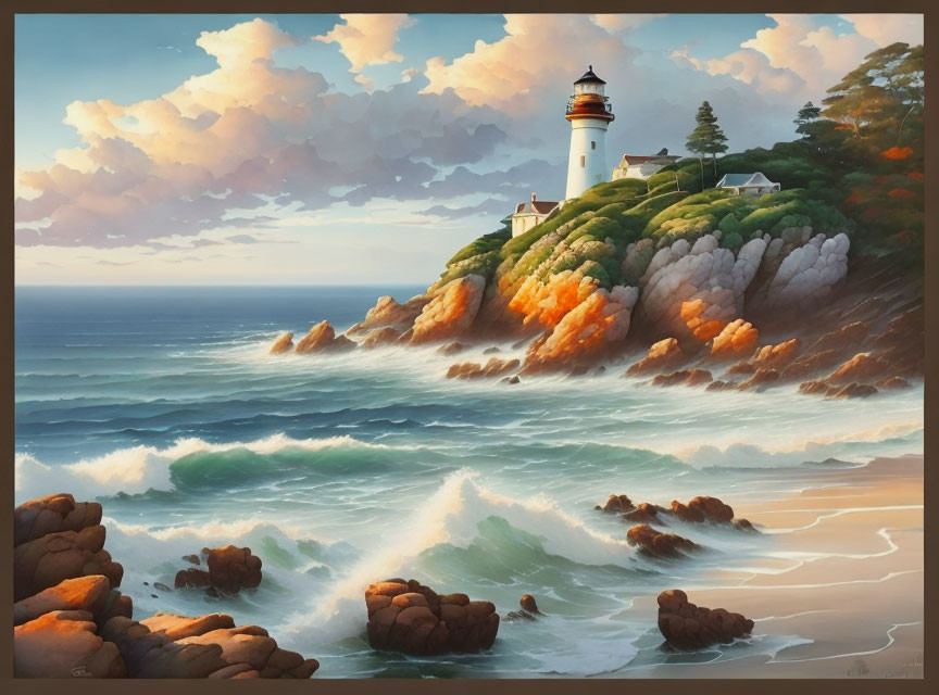 Coastal scene with lighthouse on rocky cliff, ocean waves, warm sky
