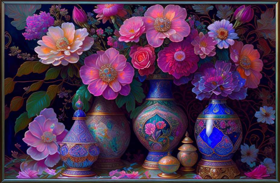 Colorful Flowers and Ornate Vases on Dark Floral Background