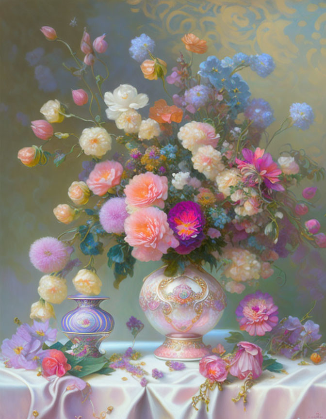 Opulent still life painting with colorful flowers in decorated vase