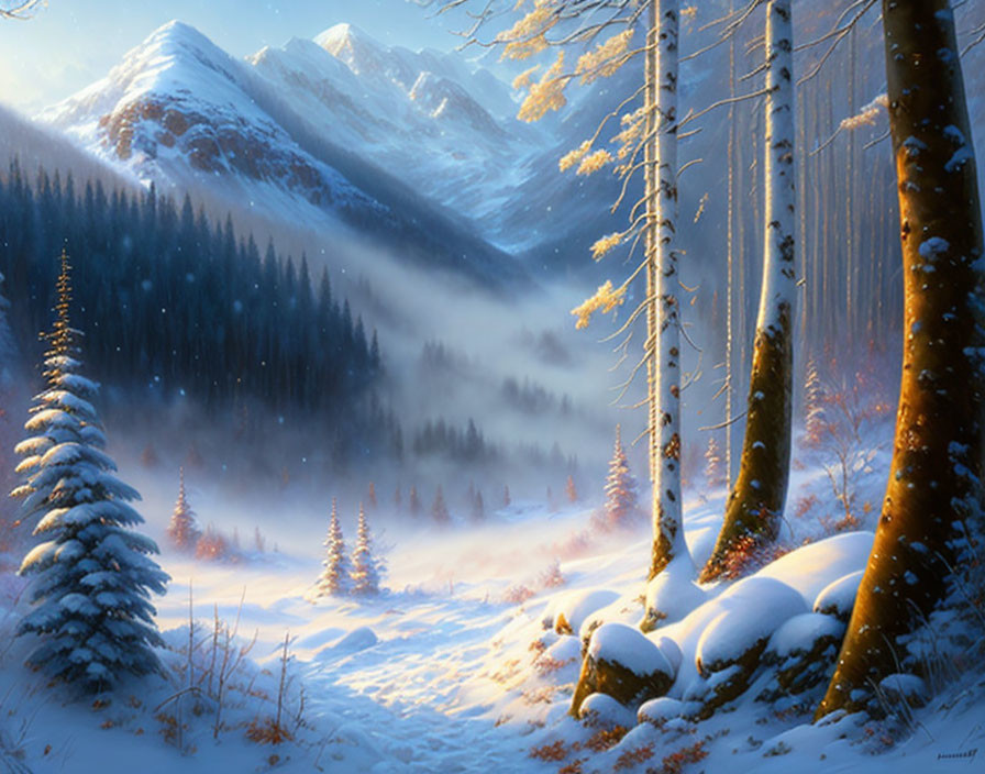 Snow-covered trees and misty mountain landscape in warm sunlight
