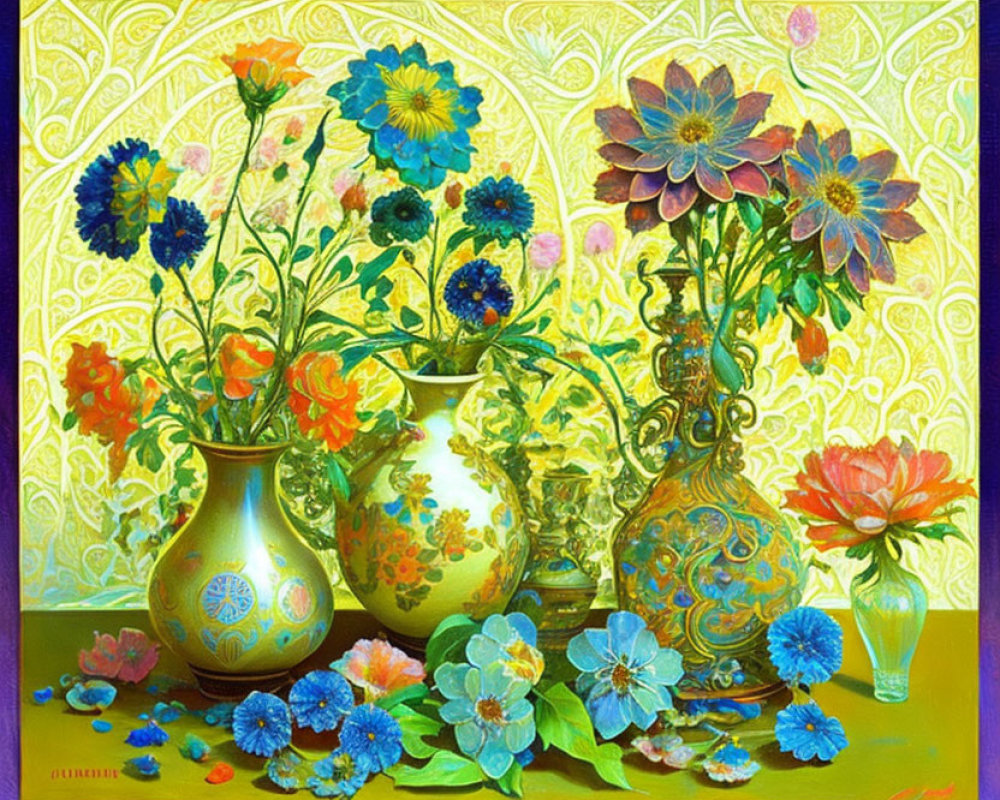 Colorful Flower Filled Vases on Yellow Patterned Background