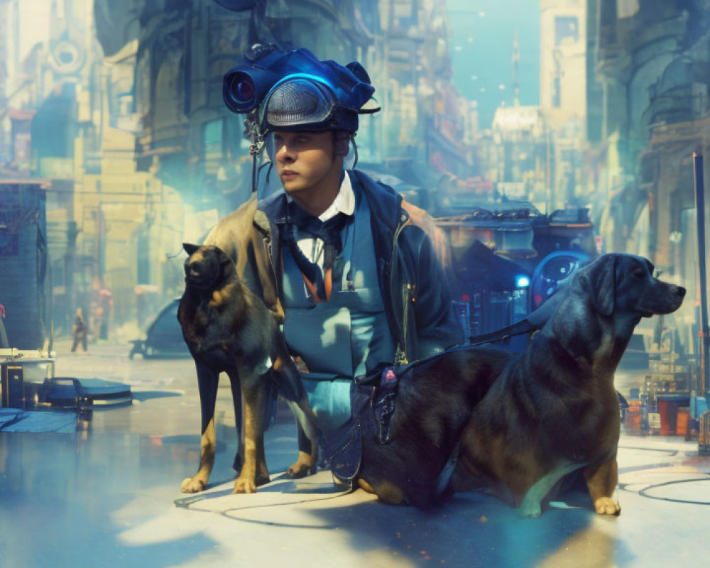 Person with VR goggles and dogs in futuristic cityscape.