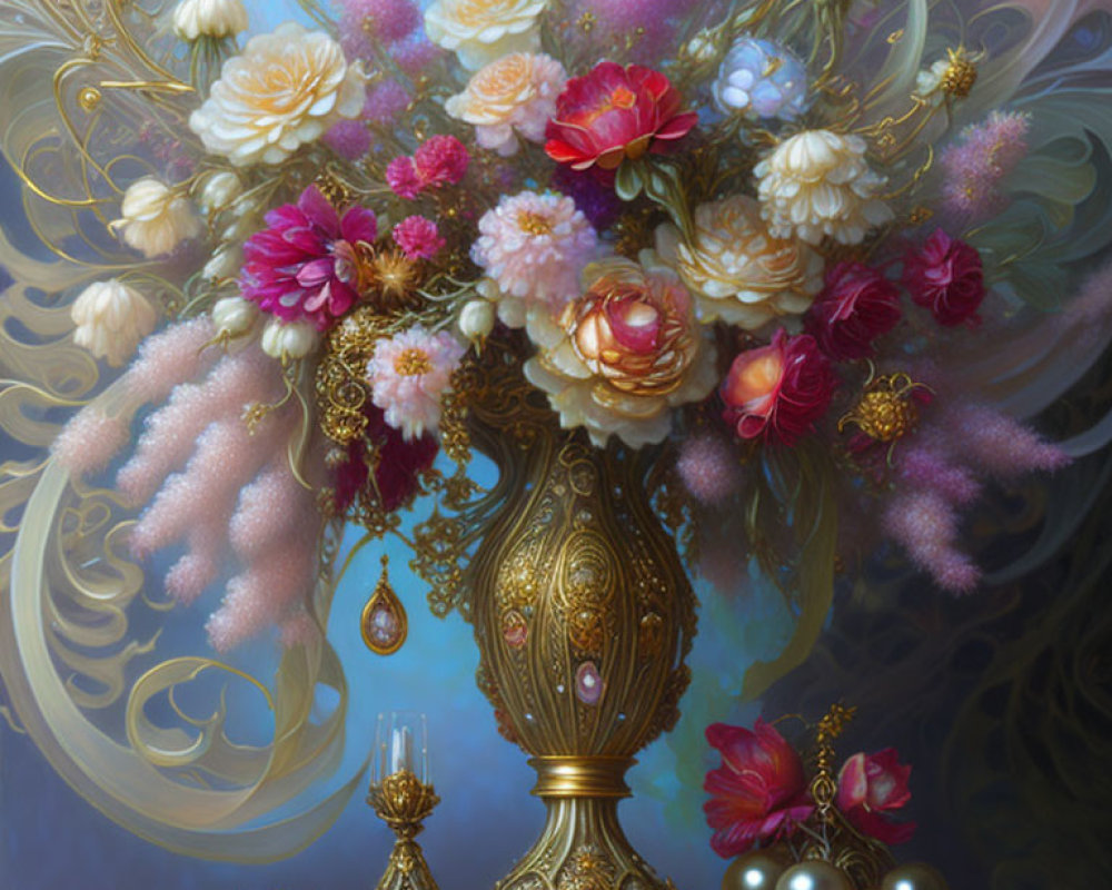 Golden vase with lush flowers, candlestick, and pearls on soft background