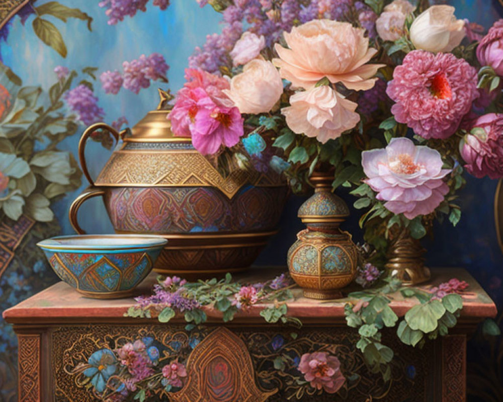 Floral arrangement with peonies and teapot on blue tapestry